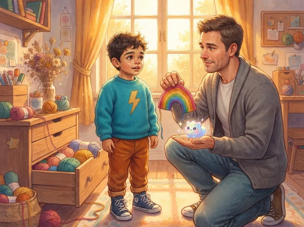 A boy and his dad find a knitted rainbow that lost its yellow stripe