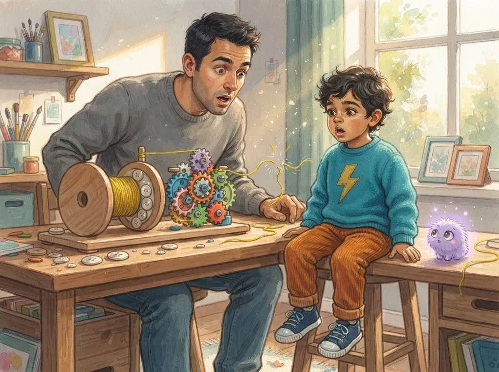 Henry and his dad build a spinning machine from a wooden spool and gears