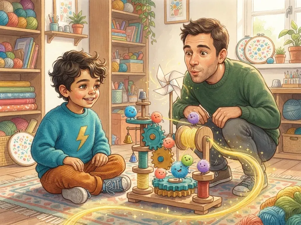 Dad blows on a pinwheel and a glowing yellow thread spins out of the machine